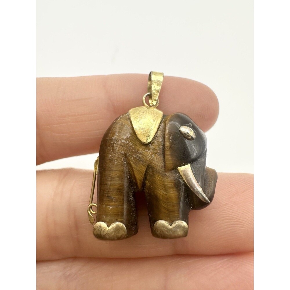 Gold 925 Sterling Silver Tiger’s Eye Carved Elephant Pendant